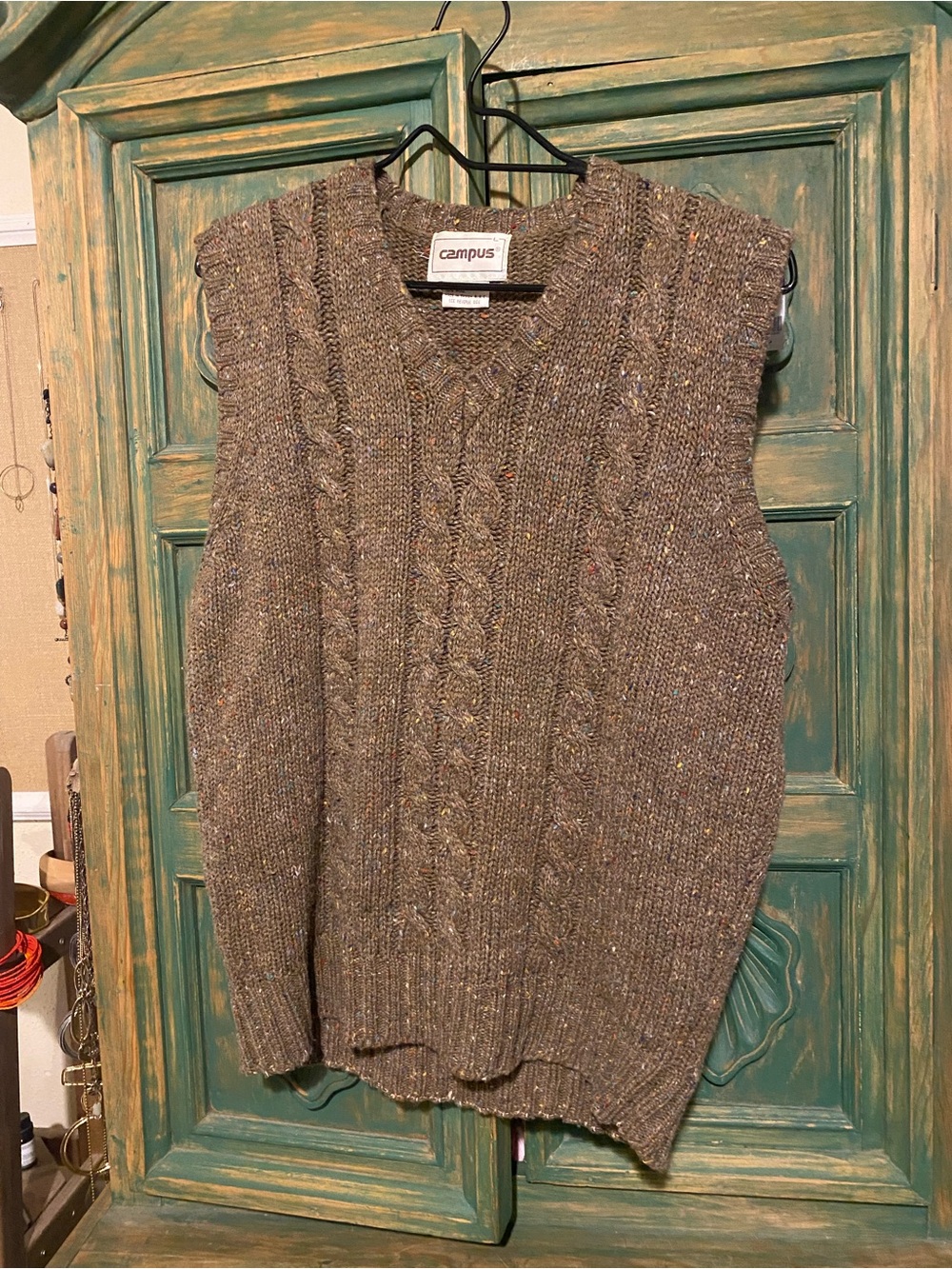 Campus Cable-Knit V-Neck Sweater Vest - Brown Tweed